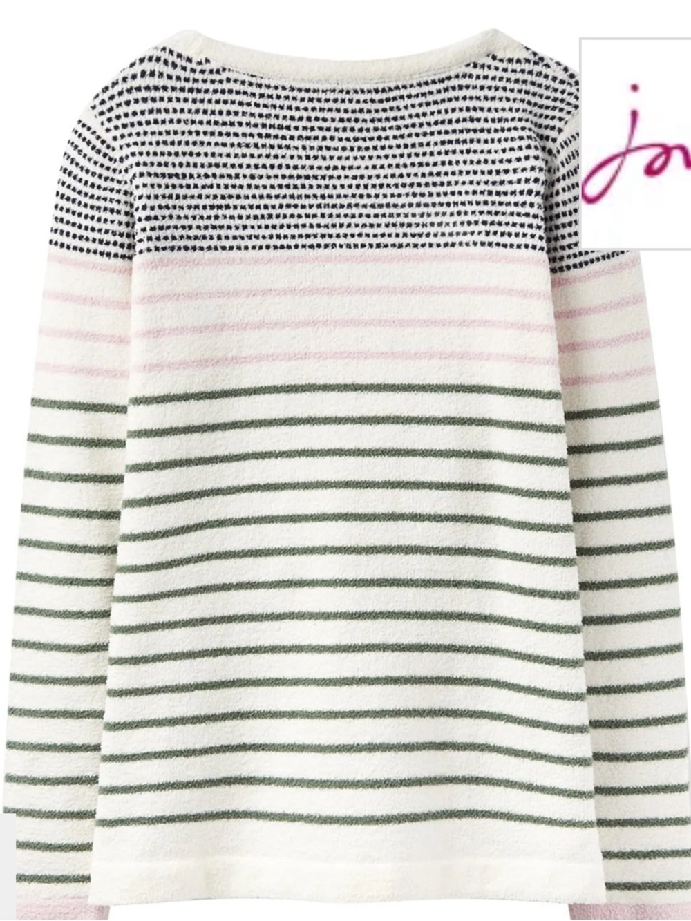 Joules White Sweater with black, green and pink details